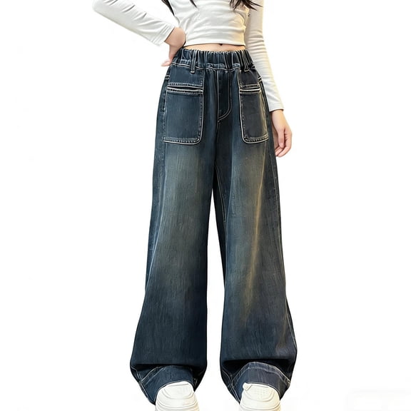 Frostluinai Girls' Straight Wide Leg Jeans Distressed Retro Wash Pull on Denim Pants Baggy Cargo Streetwear Jeans with Pocket 4-15 Years
