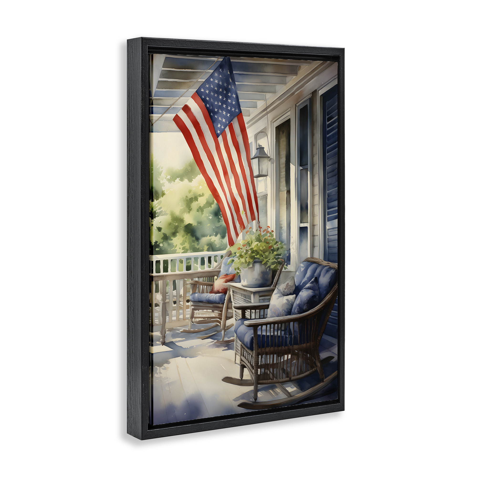 Stupell Industries Porch with American Flag Scenery Painting Black Floater Framed Canvas Art Print Wall Art, 17 x 25