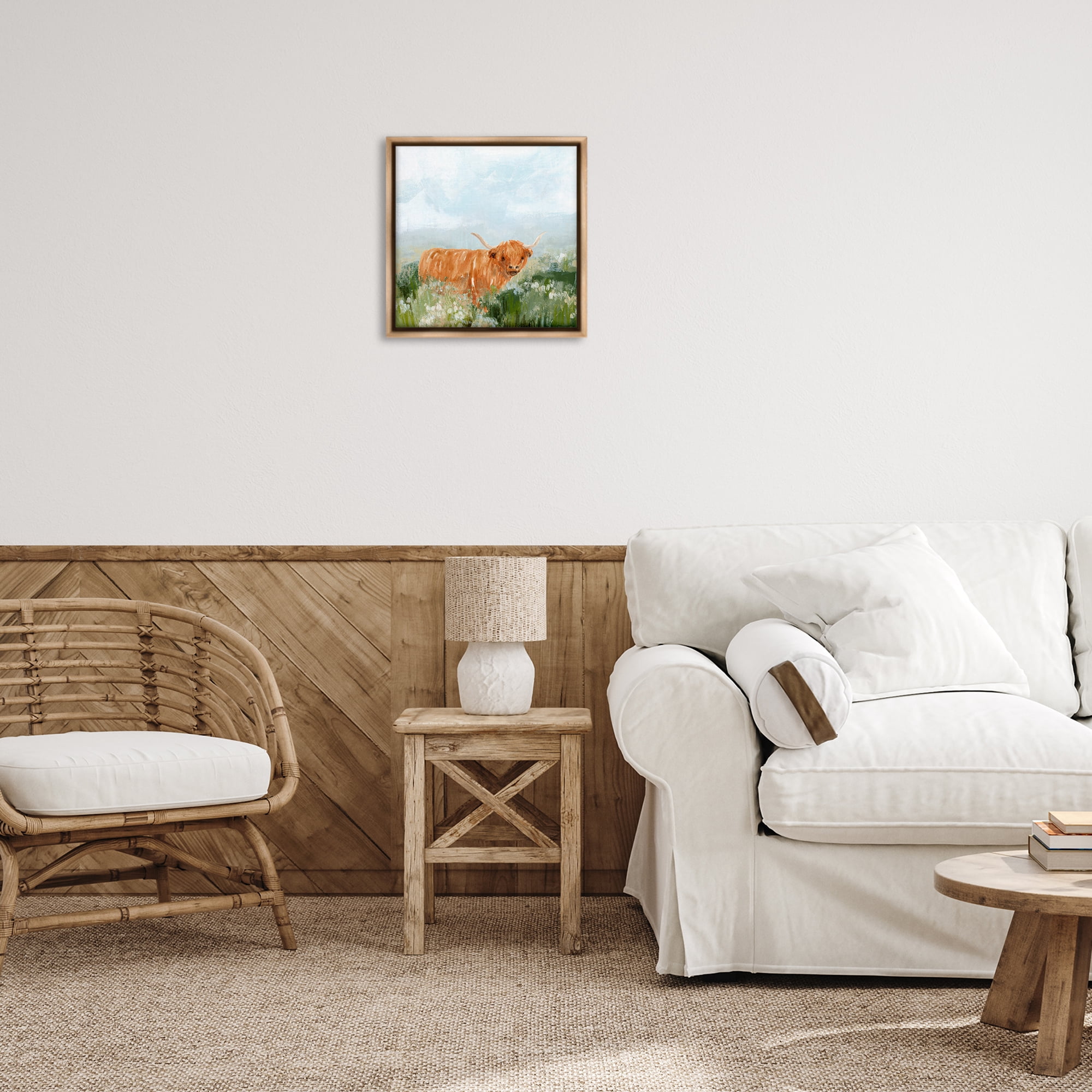 Stupell Industries Longhorn Cattle Country Field Animals & Insects Painting Brown Floater Framed Canvas Art Print Wall Art, 18 x 18