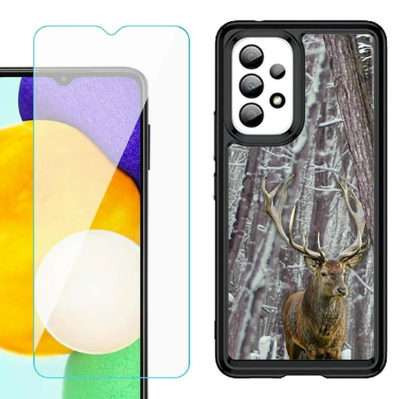 Shockproof Bumper (Black Frame) phone Case for Samsung Galaxy A23 5G, with Tempered Glass Screen Protector, by OneToughShield ® - Deer/Snow/Camo