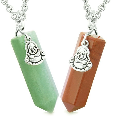 Happy Buddha Love Couples or Best Friends Crystal Points Amulets Green Quartz Red Jasper