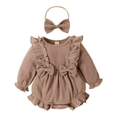 

MANHUJI Girls Pajamas Toddler Girl Ruffled Bow Long Sleeved Romper Baby Cotton Long Sleeved Autumn and Winter Romper with Bow Headband Two Piece Set Baby Boy Sleepers 3-6 Months (Coffee 70)