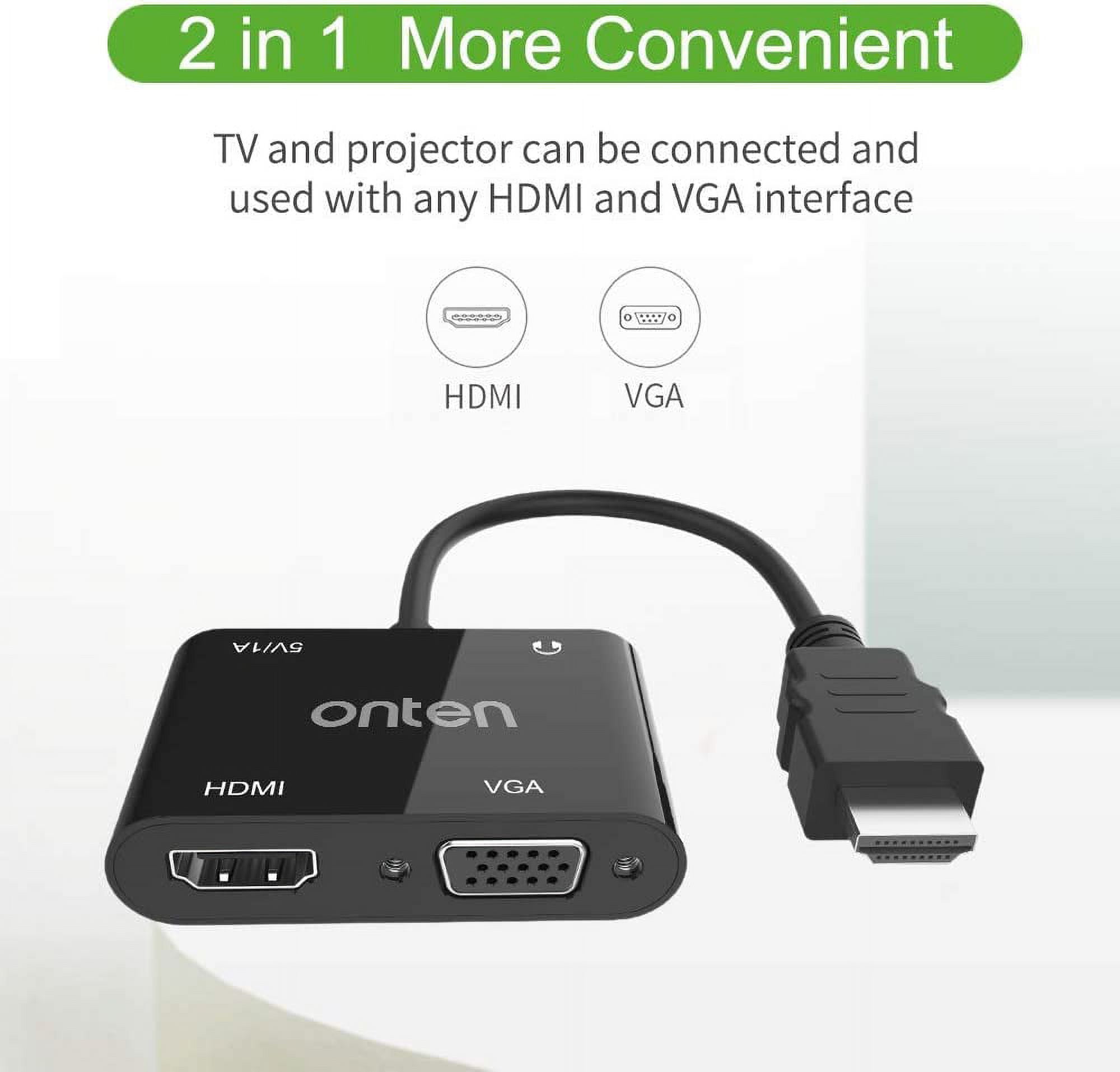 ONTEN HDMI to VGA HDMI Adapter, HDMI Splitter 1 HDMI in VGA HDMI 2 Out ,  HDMI to HDMI VGA Adapter for Computer, Desktop, Laptop, PC, Monitor…Power