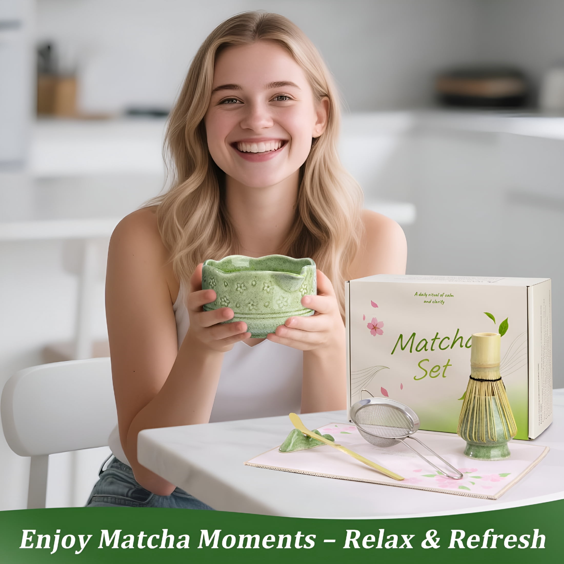ACDANC Matcha Whisk Set-7 Pcs Ceramic Matcha Kit with 18Oz Spout Bowl&Cherry Blossom Design,Bamboo Whisk&Holder,Scoop,Rest,Sifter,Towel,Elegant Japanese Tea Gift Set