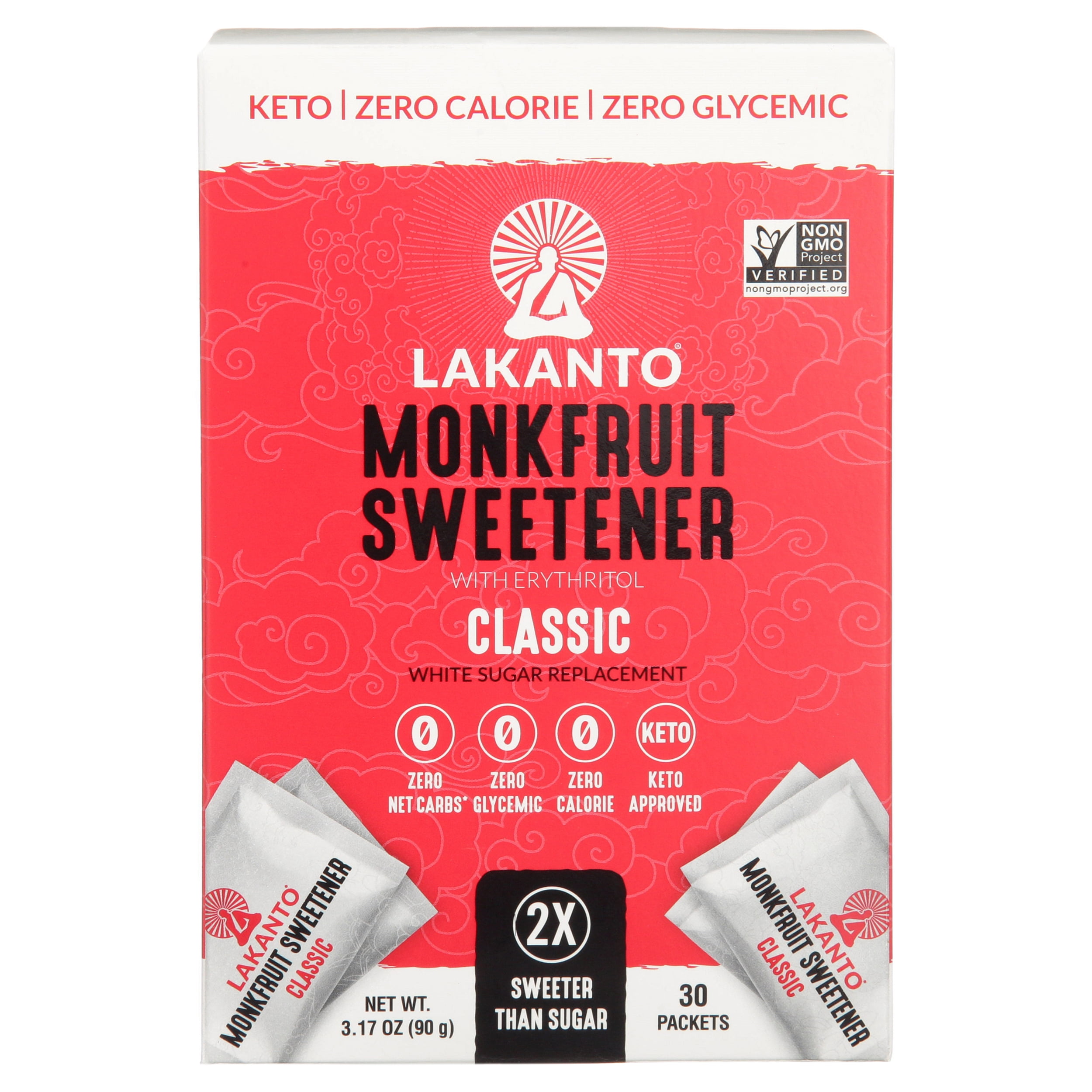 Lakanto Monk Fruit Sweetener Packets - White Sugar Replacement, Zero Net Carbs, Zero Glycemic, Zero Calorie, Keto, Sweeten on the Go, Coffee, Lemonade, Other Drinks, Desserts (Classic, 30 Count)