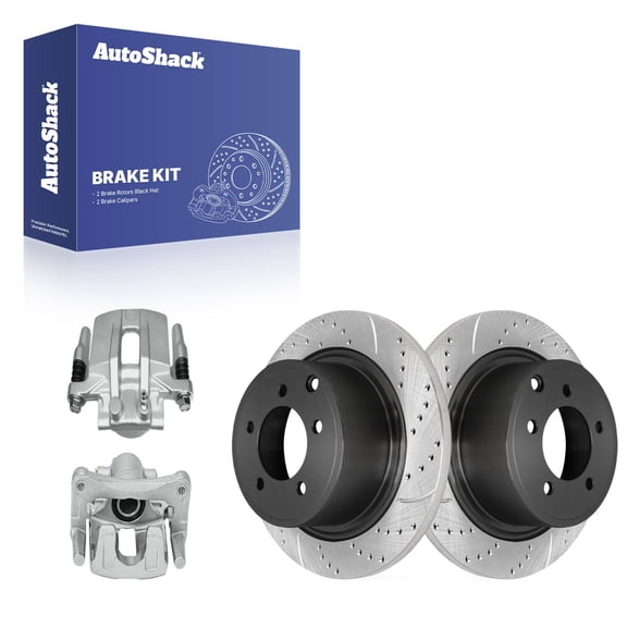 AutoShack Rear Solid Drilled & Slotted E-Coated Brake Rotor   Caliper 4-PC Brake Kit Replacement for 2007-2017 Jeep Patriot 2007-2017 Jeep Compass 2008-2013 Dodge Avenger ShadowGuard 11.89" (302 mm)