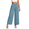 thumbnail image 4 of ctdiral Womens High Waist Button Pleated Pants Elastic Waist Wide Leg Pants Solid Color Straight Trousers with Pockets Summer Lounge Going Out Pants Light Blue M, 4 of 8