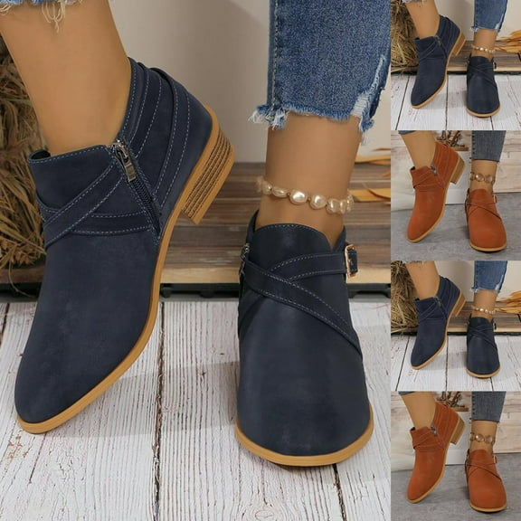 Hinvhai Women's Ankle Boots Low Chunky Stacked Heel Comfortable Round Toe Booties Navy 9.5(43)