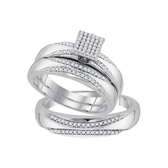 10kt White Gold His & Hers Round Diamond Square Cluster Matching Bridal Wedding Ring Band Set 1/3 Cttw