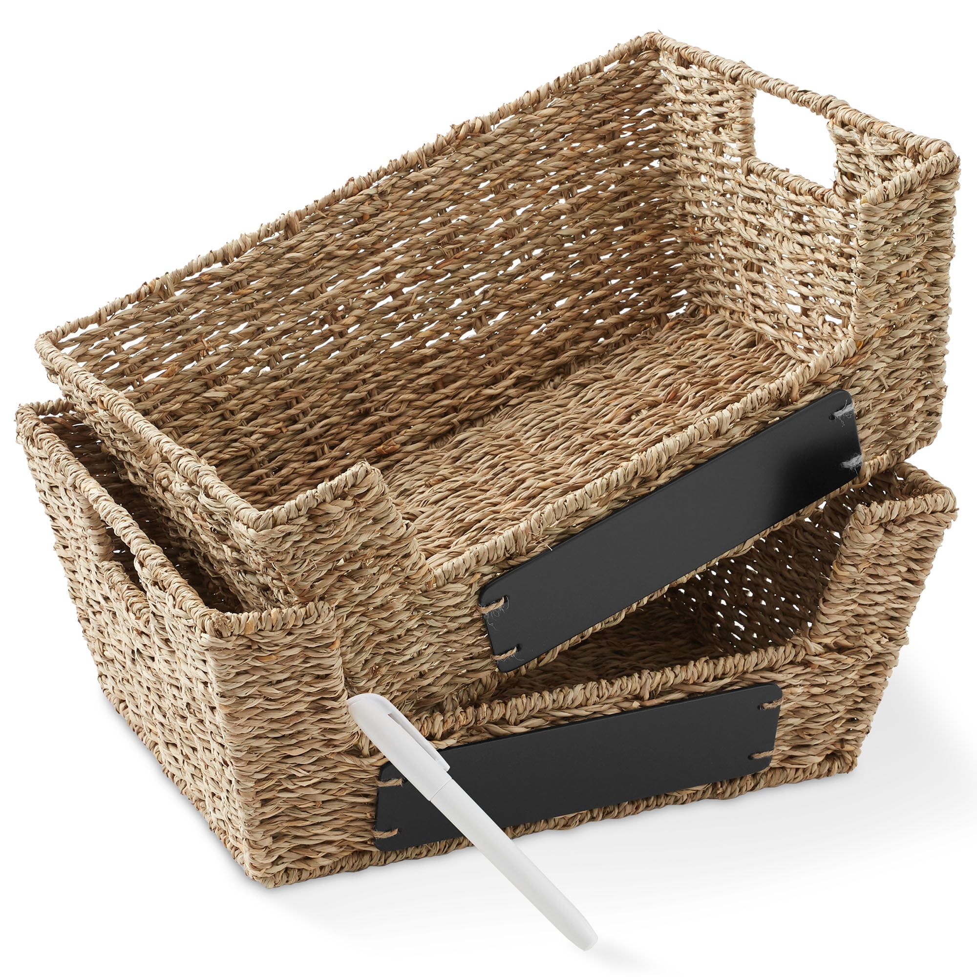 Casafield (Set of 2) Seagrass Pantry Baskets with Handles and Chalkboard Labels, Wide Woven Storage Baskets for Kitchen Shelves