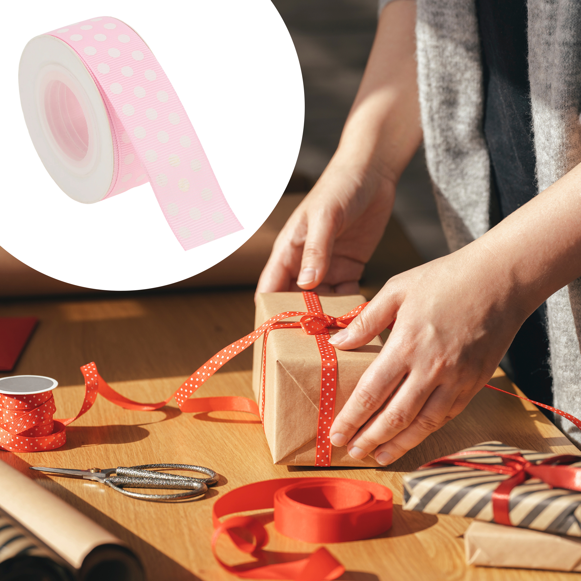 Unique Bargains 0.98"x29.53' Polka Dots Gift Wrapping Ribbon for Crafts 1Pc Light Pink