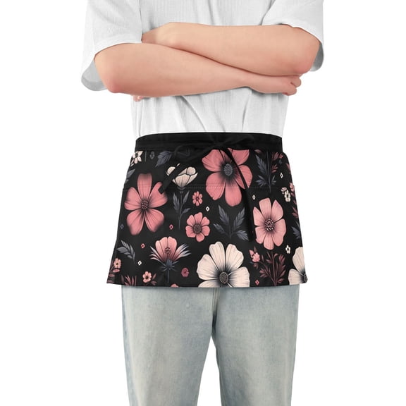 Pink Flower on Black Waist Apron Adjustable Server Half Apron Kitchen Cooking with 3 Pockets for Men Women