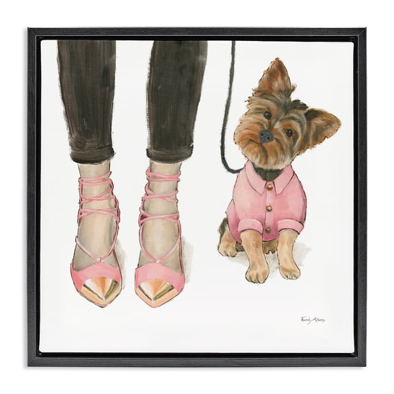 Stupell Industries Eclectic Glam Dog Walk Pink Heels Black Floating Frame Canvas Art, 18 x 18, by Emily Adams