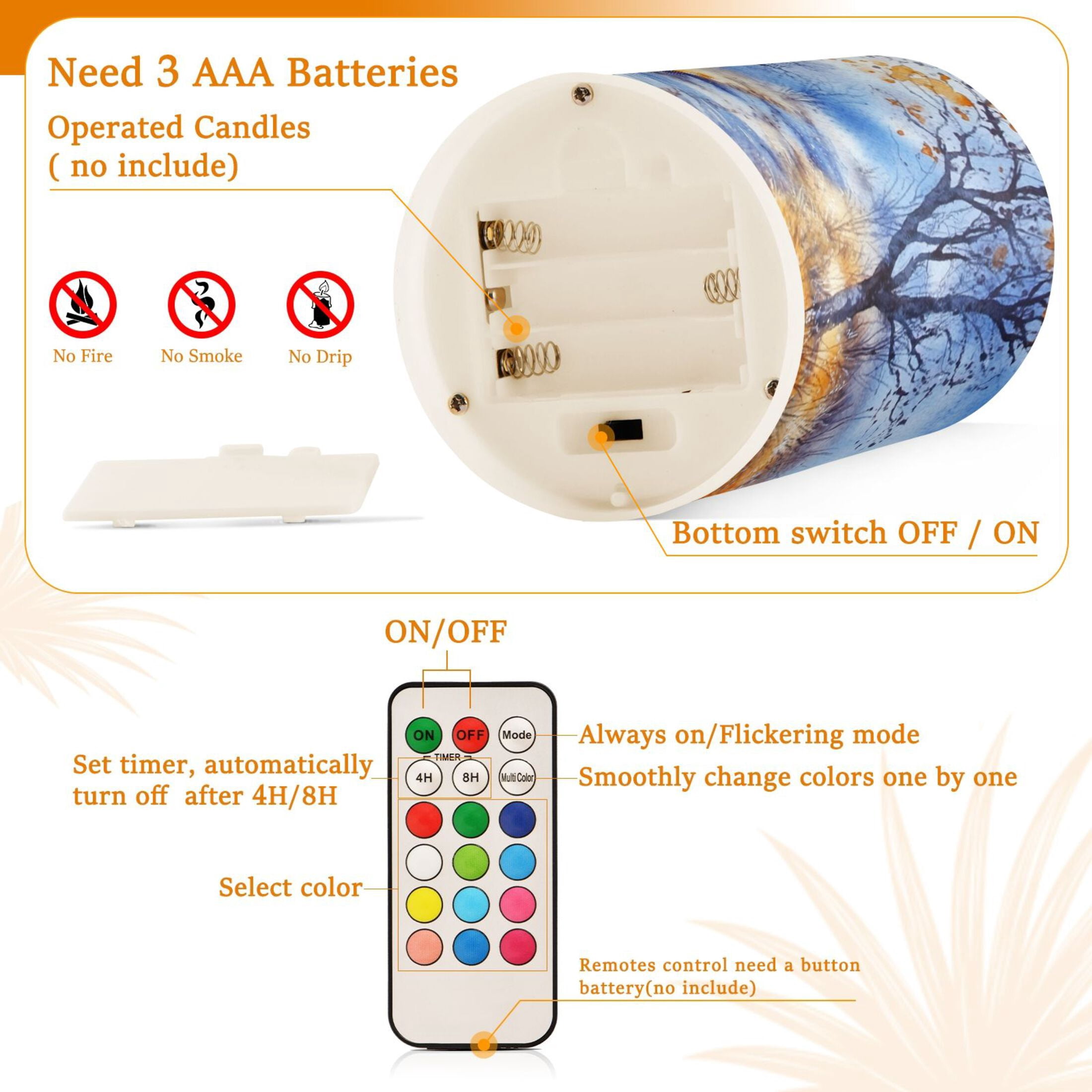 Watercolor Autumn Trees Flickering Flameless Candles Battery Operated with Remote Timer LED Pillar Candles Set of 2