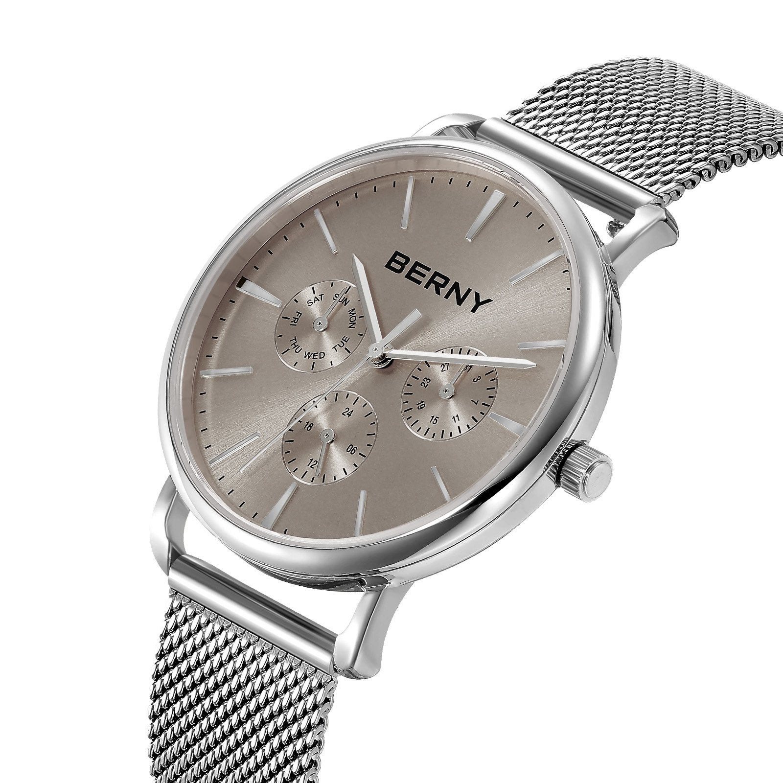 BERNY Quartz Watch for Unisex ( Men and Women), Classic Waterproof Men's Wirstwatch with Multifunctional Dials, Quick Release Stainless Steel Mesh Band, Gray Dial
