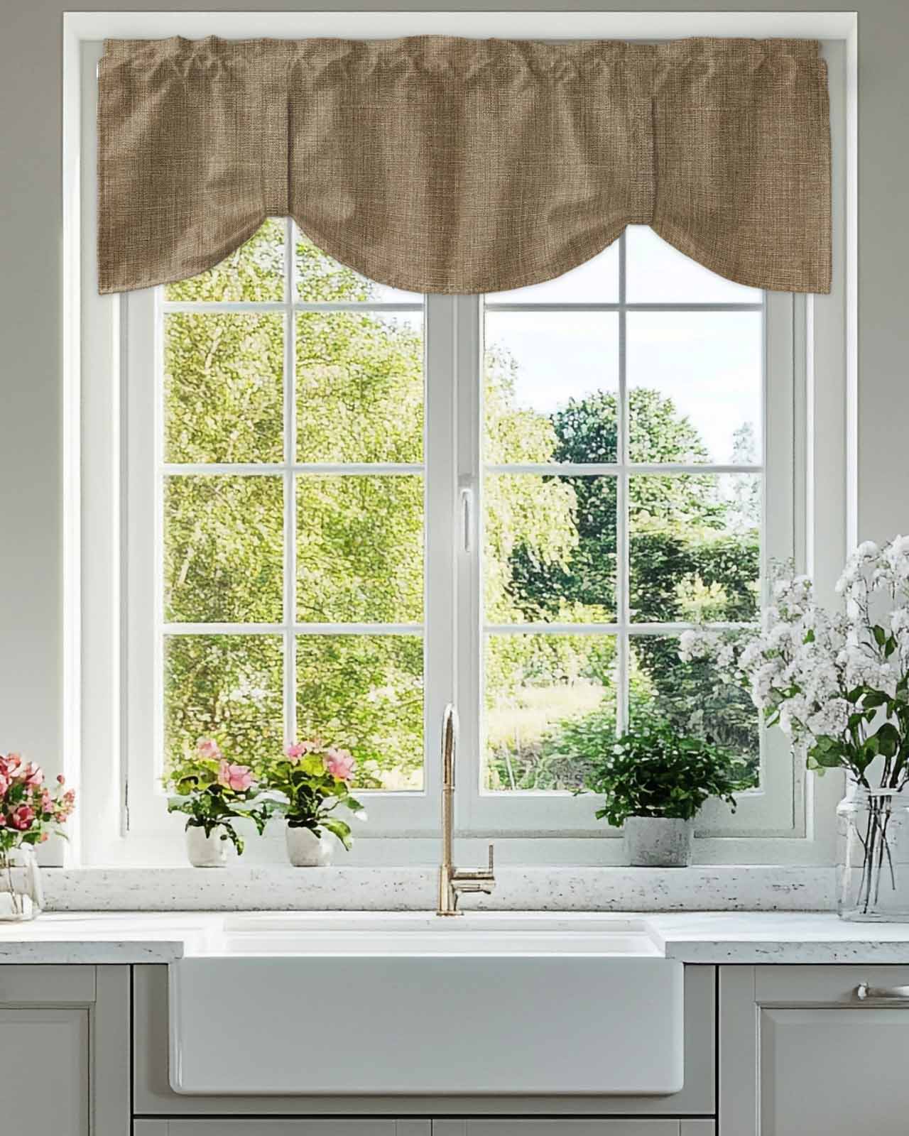 Tie Up Valance Curtain for Kitchen,Farmhouse Brown Rod Pocket Short Curtains Adjustable Tie-Up Shade Valances,Vintage Linen Window Treatment for Bathroom Living Room Bedroom