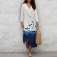 thumbnail image 2 of SCRAWLGOD Nautical Fish Print White Navy Blue Women's Tunic Dress 3/4 Sleeve V-Neck Beach Vacation Sundress Lightweight Breathable Loose Fit Casual Linen Look Polyester Dress, XL, 2 of 6