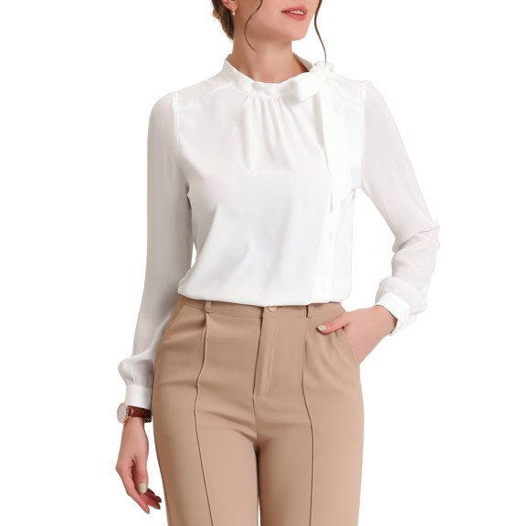 Allegra K Work Office Blouse for Women's Bow Tie Neck Buttons Mesh Sleeve Chiffon Tops