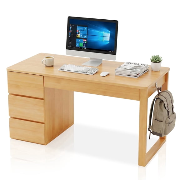 47" Solid Wood Kids Desk with 4 Drawers, White Study Table for Girls Bedroom, Large Computer Writing Workstation, Cute Makeup Vanity Desk with Storage for Teens Students