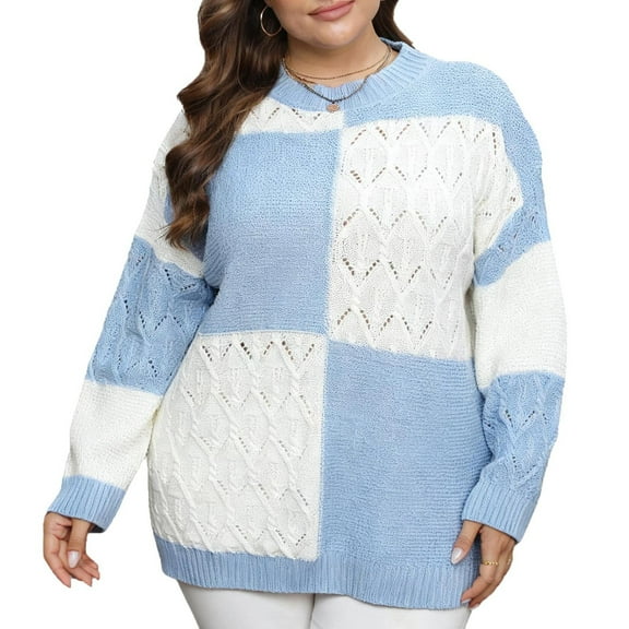 Plus Size Women Sweaters Crewneck Color Block Blue and White Pullover Long Sleeve Knit Loose Casual Winter Tops (XL, Blue)