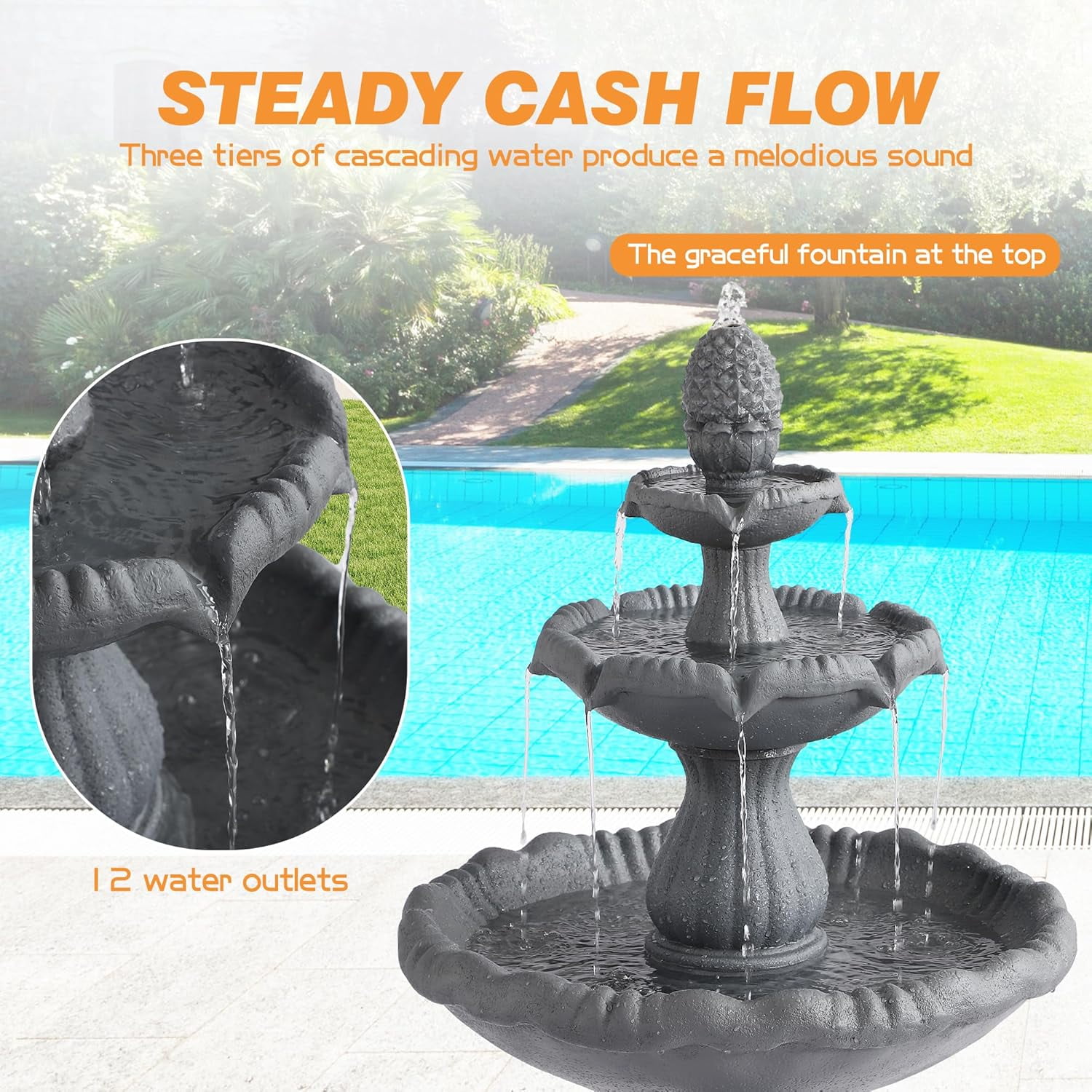 Haverchair 47.3" High Italian Feature Faux Stone Freestanding Water Fountain Outdoor and Indoor, 3-Tier Roman Pillar Waterfalls Fountains for Garden,Patio,Yard,Deck,Backyard,Porch