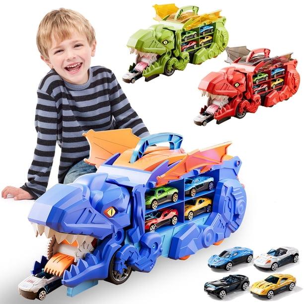 Camión de dinosaurio transformable de juguete con pista de carreras, Ultimate City Dinosaur Hauler incluye 4 autos, presenta doble transformación, deglución interactiva y almacenamiento conveniente