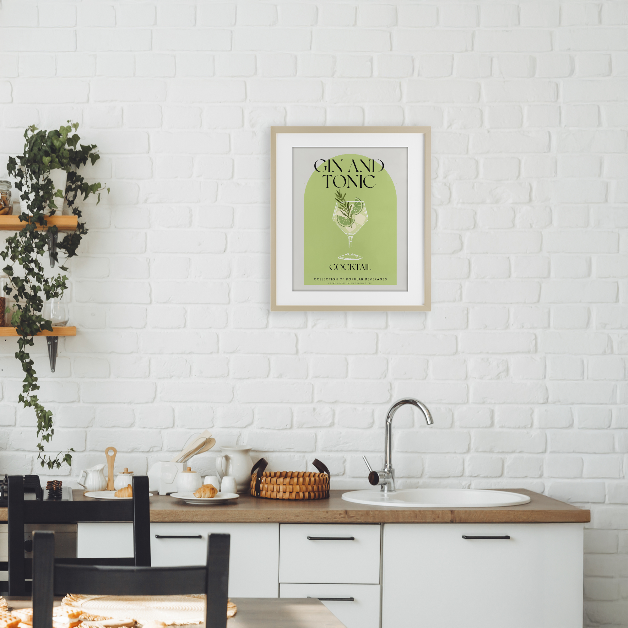 Stylish Retro Gin & Tonic Birch Framed Print Under Glass, design by Lil' Rue