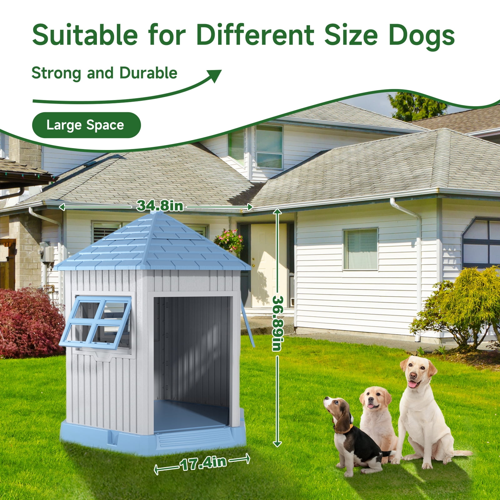 EasyUp Dog House Indoor Outdoor Durable Large Dog Shelter with Outside Dog Kennel with Window and Elevated Floor for Small Medium Dogs (Blue&Grey, 34.8 * 30.51 * 36.89)