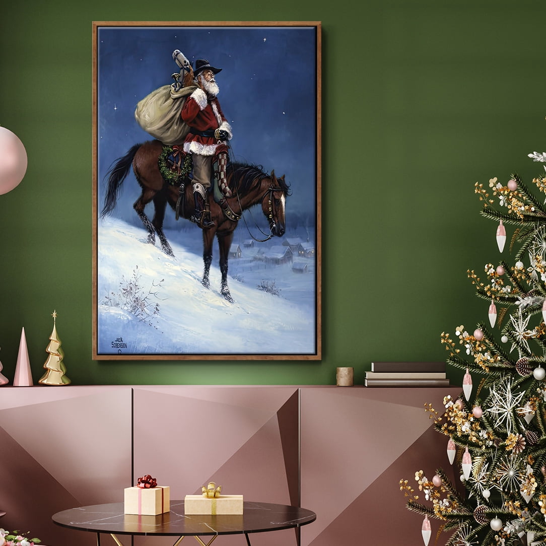 A Cowboy Christmas - Framed Gallery Wrapped Holiday Canvas - 25 x 37 - Rosewood Frame