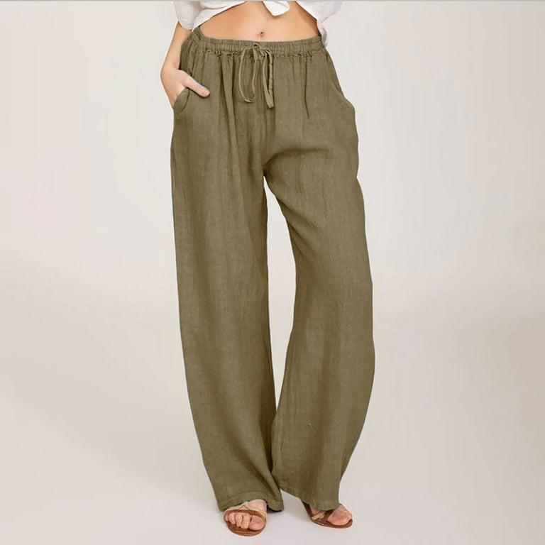 BUIgtTklOP Pants for Women Casual Solid Cotton Linen Drawstring Elastic  Waist Long Wide Leg Pants