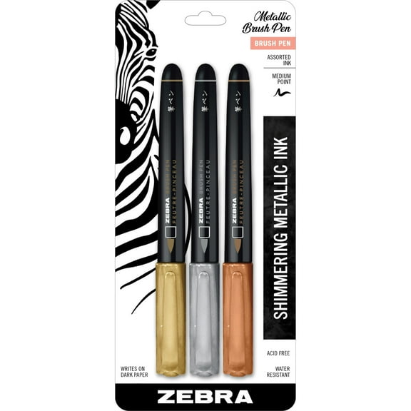 Zebra Brush Pen, Medium Point, Assorted Metallic Ink, 3-Count