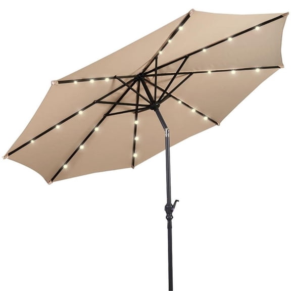 Pemberly Row 10ft Patio Solar Umbrella LED Patio Market Steel Tilt in Beige