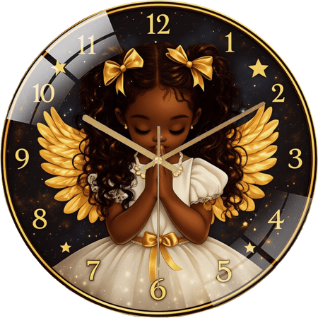 12 Inch African American Angel- Glass Wall Clock, Angel- Praying Farmhouse Home Decor (30×30cm)