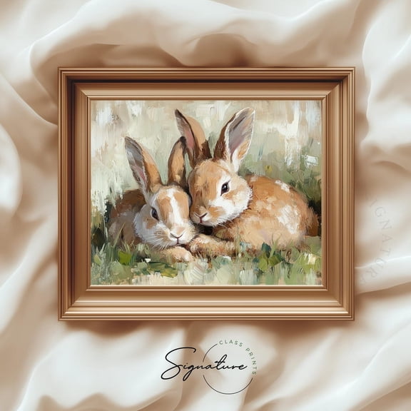 Two Rabbits Lying In A Meadow, Spring Bunny, Rustic Cottagecore Decor, Farmhouse Animal Artwork, 3657 Home Decor, 8x12 UNFRAMED