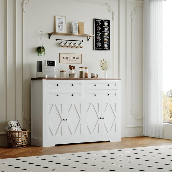 Rugerasy 55 in Wood Coffee Bar,Farmhouse Large Sideboard Buffet Cabinet with Storage,4 Drawers and 4 Doors,Kitchen Storage Cabinet with Adjustable Shelf for Hallway,White
