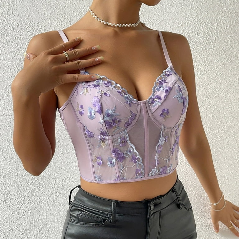 Women's Floral Lace Corset Top Deep V Push Up Bra Summer Slim Fit Crop Top  Spaghetti Straps Lightweight Comfort Bralette Purple at  Women's  Clothing store