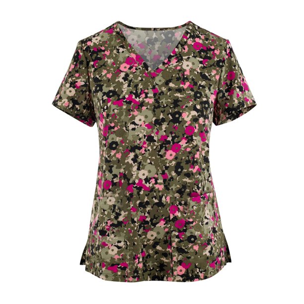 Ropa protectora con estampado de cuello en V y manga corta para mujer, color marrón/2XL