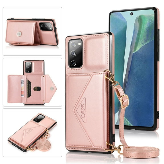 Dteck Case for Samsung Galaxy S20 FE 6.5-inch,Luxury Leather Wallet Case Magnetic Flip Card Holder Slots Back Protective Kickstand S20 FE 5G Phone Cover with Shoulder Strap (about 1.4m),Rosegold