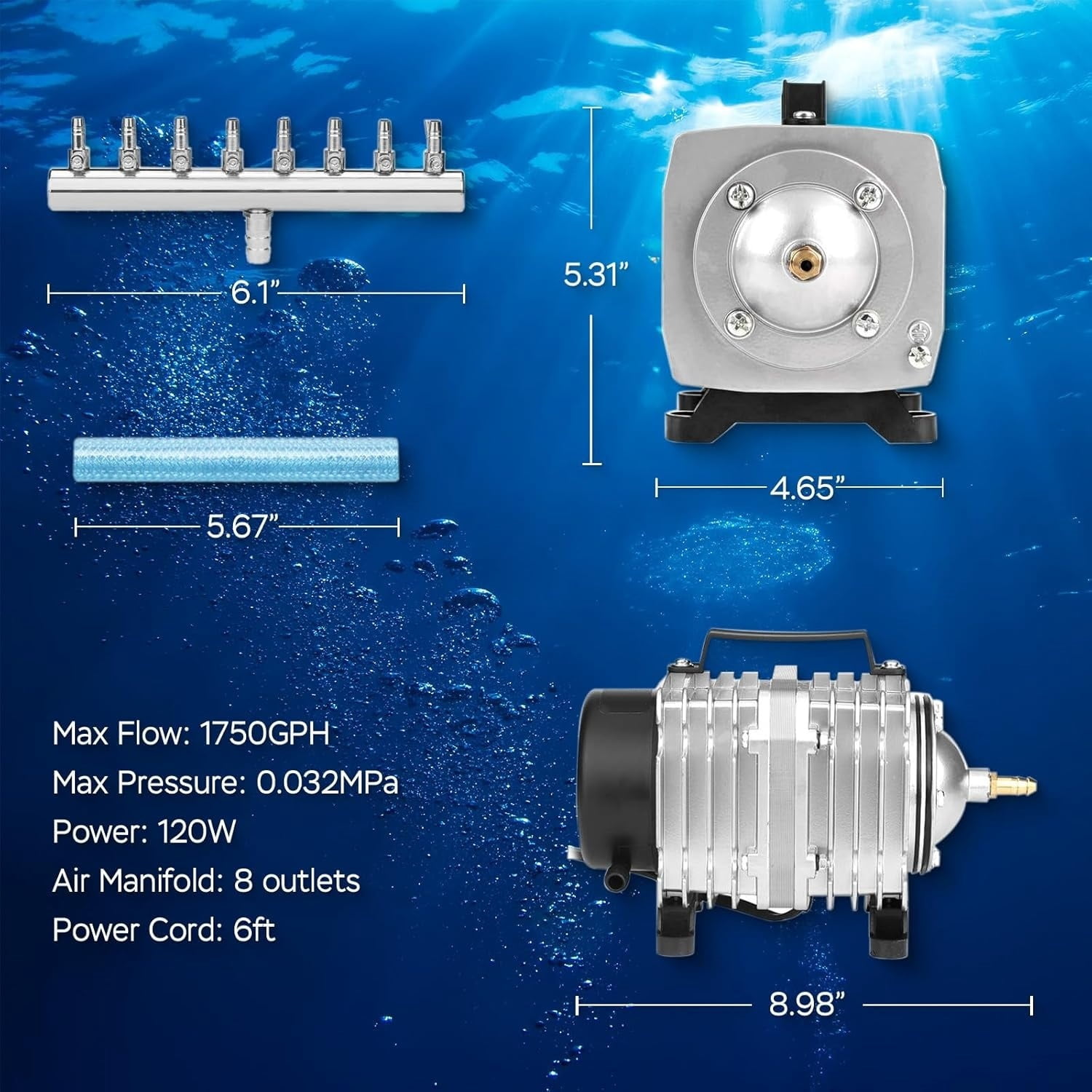 Aquarium Air Pump Commercial Air Pump with Aluminum Housing, 600/1000/1200/1750GPH Fish Tank Bubbler Pond Aerator for Aquariums, Ponds, Hydroponics