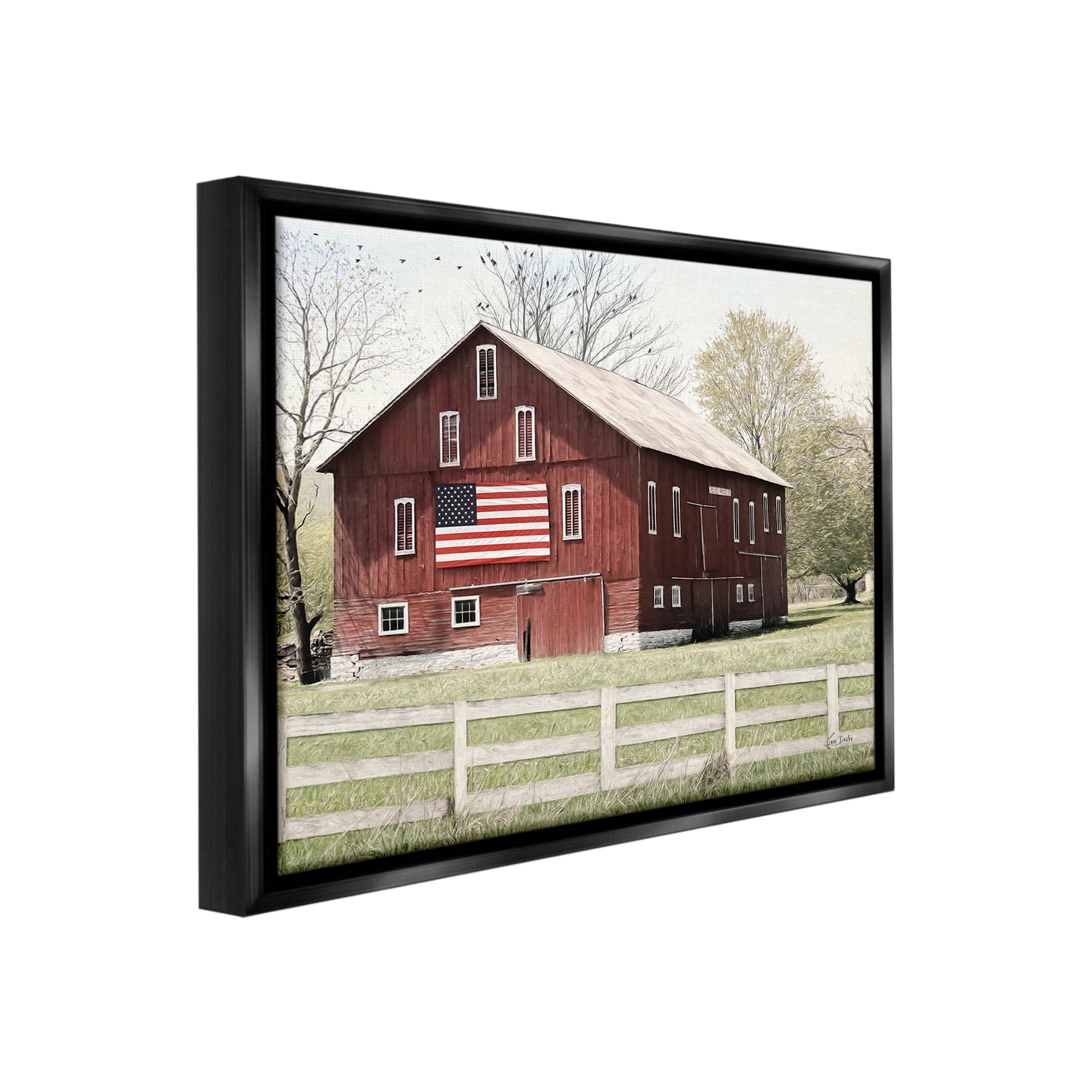 Stupell Industries Patriotic Barn Flag Landscape Painting Black Floater Framed Canvas Art Print Wall Art, 21 x 17