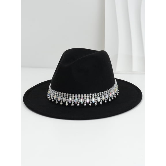 Elegant Felt Fedora Wide Brim Hat With Rhinestone Chain Trim For Women Men