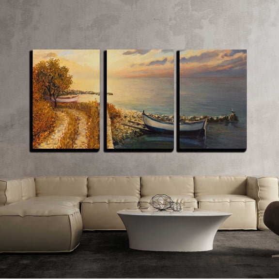 wall26 - 3 Piece Canvas Wall Art - an Oil Painting on Canvas of a Romantic Colorful Sunrise by The Sea with a Boat - Modern Home Art Stretched and Framed Ready to Hang - 24"x36"x3 Panels