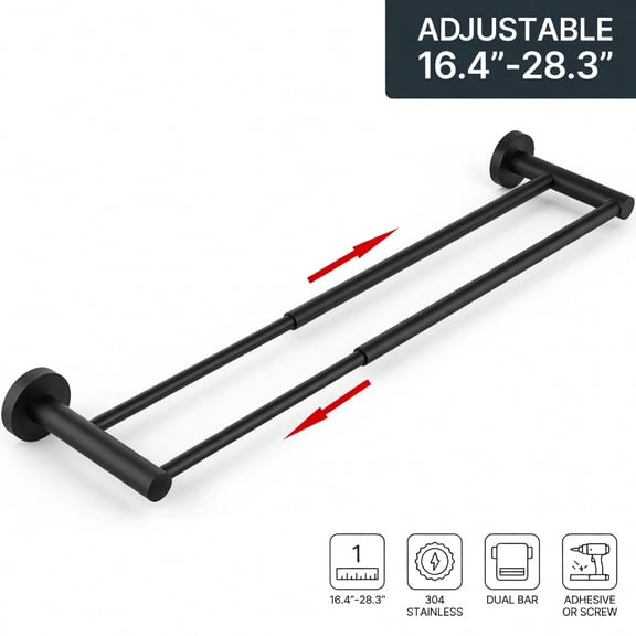 Adjustable Double Bath Towel Bar 16.4"-28.3" Extendable 304 Stainless Steel Retractable Towel Rack for Bathroom Black