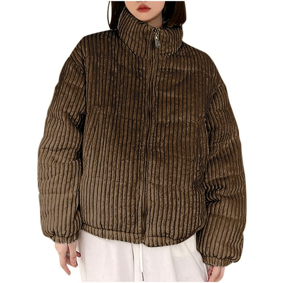 Yuyuzo Corduroy Jacket for Women Thick Coats Stand Collar Long Sleeve Zip up Warm Winter Coats Solid Color