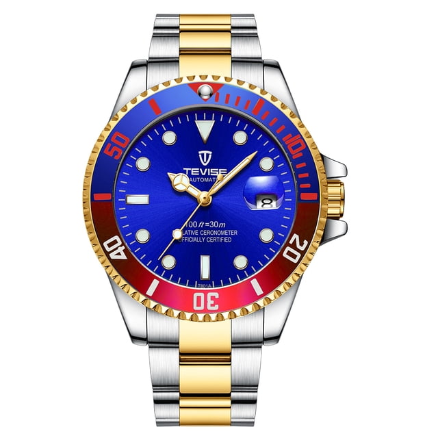TEVISE TEVISE T801 Men's Automatic Mechanical Watch with Stainless Steel Band, Water-Resistant, 7 Color Options (Vibrant Blue Dial)