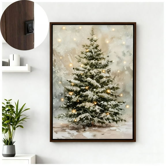 Lighted Christmas Canvas Wall Art, Snowy Tree Light Up Canvas Wall Decor Vintage Rustic Christmas Tree Framed Wall Art Picture Painting Artwork Art Prints Modern
