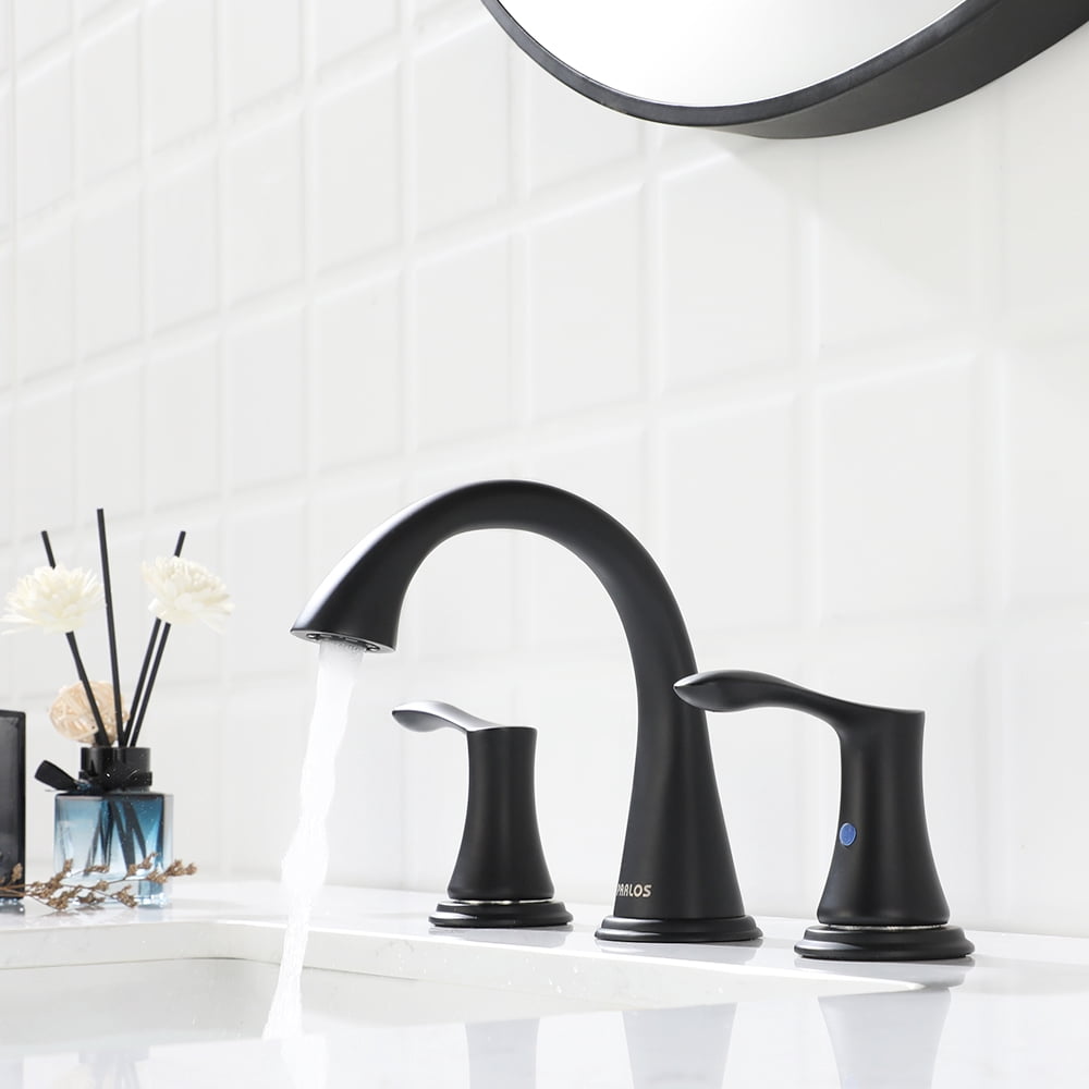 PARLOS Widespread 2 Handles Bathroom Faucet with Metal Pop Up Sink Drain and cUPC Faucet Supply Lines, Matte Black