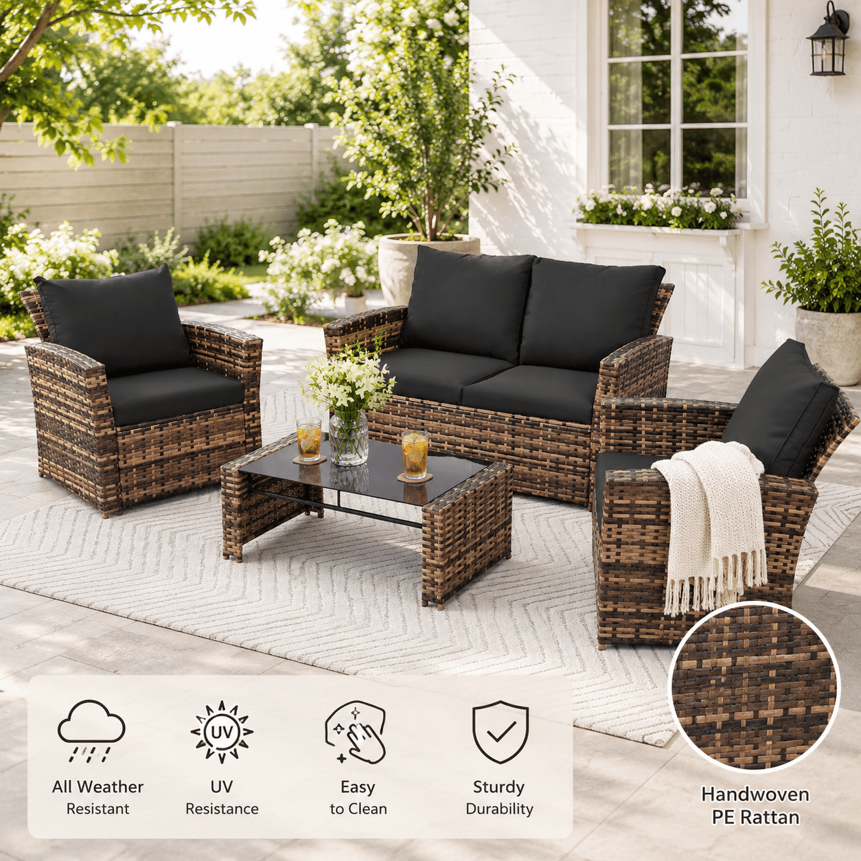 YIORTWO 4-Piece Outdoor Patio Furniture Set, Wicker Sofa Set with Thick Sandwich Cushions, All-Weather Rattan Deep Seating Set with Tempered Glass Table, Black