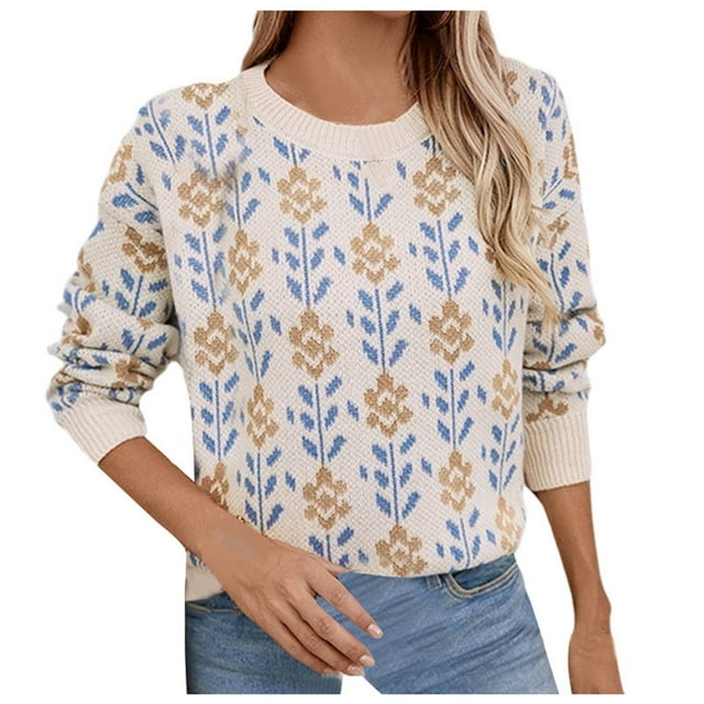 Aocisk Chandail à Manches Longues pour Femmes, Col Rond, Imprimé Automne, Mignon, Tricoté, Décontracté, Confortable, Haut d'Hiver Beige m