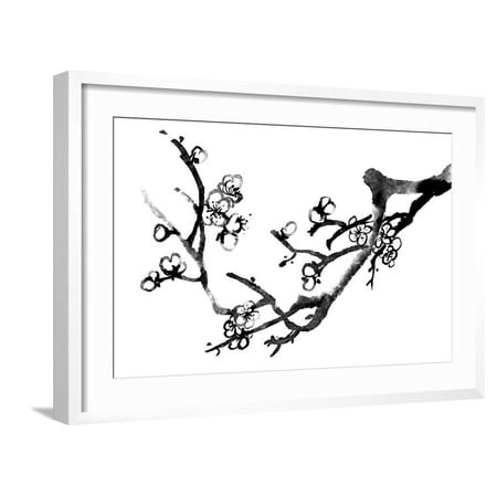 Art.com Chinese Black And White Traditional Ink Painting, Plum Blossom On White Background Art Print by elwynn, White Frame Wall Art, 29" x 21"